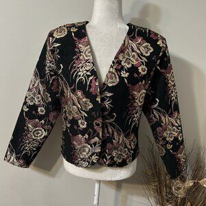 Vtg Ellen D Women Floral Brocade Crop Jacket Black Pink Metallic Lightweight M